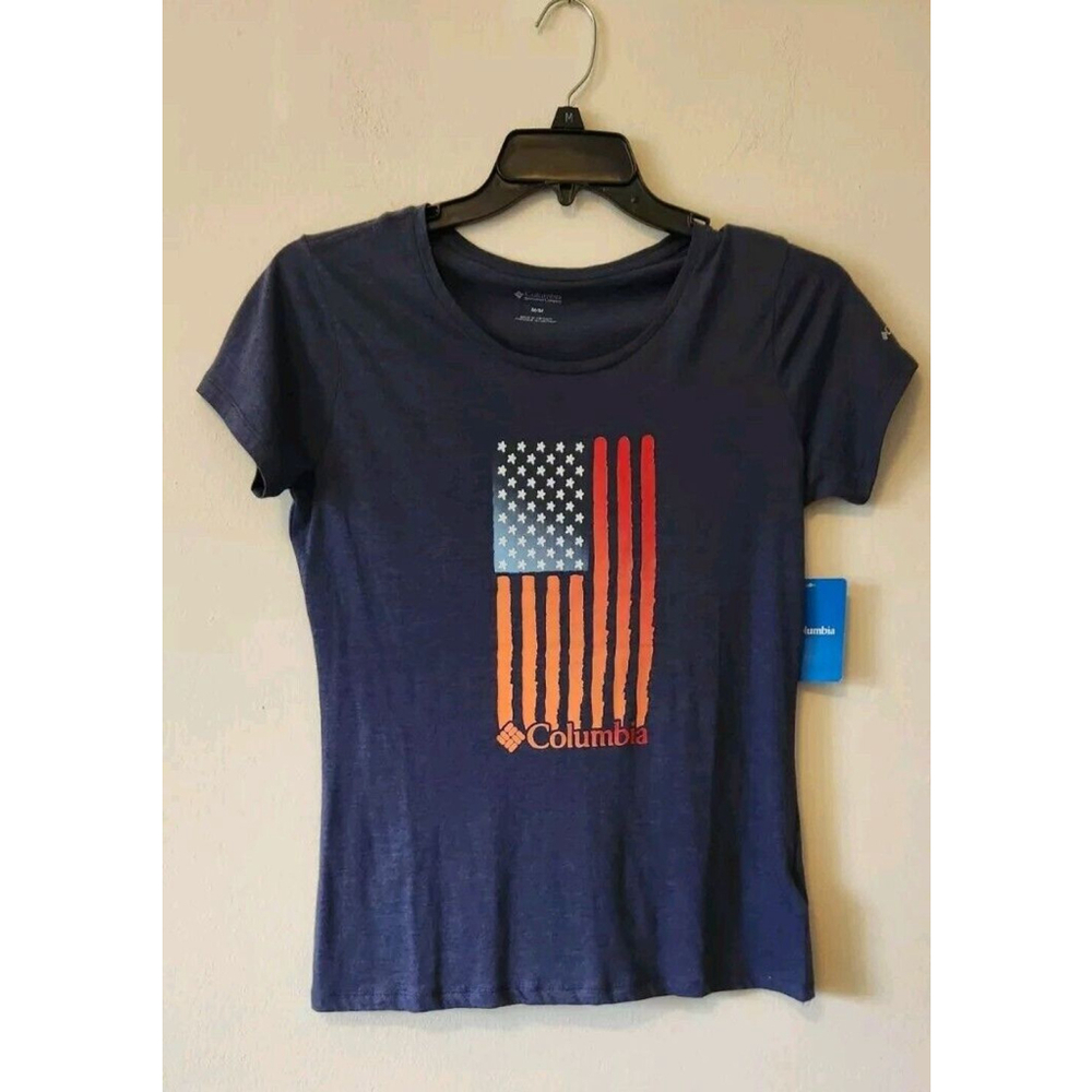 Columbia Daisy Days American Flag Shirt Patriot Navy Blue Graphic Tee Siz Medium